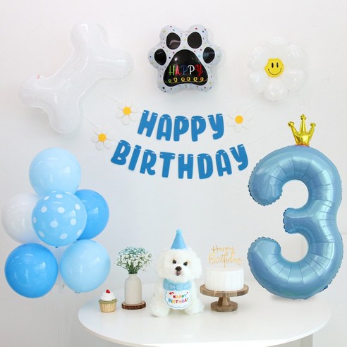 이벤트홀릭 강아지 고양이 생일파티용품세트 턱받이 고깔 숫자, 3, 1개, 블루