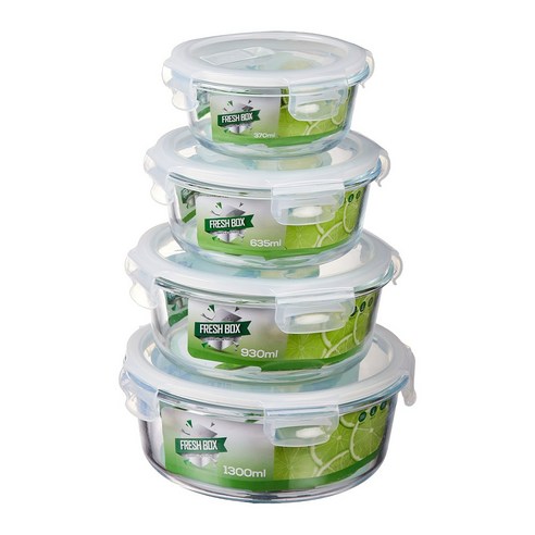 세카이젠 내열유리 밀페용기 반찬통 세트 공기배출 밸브형, 원형1300ml*4개, 1개
