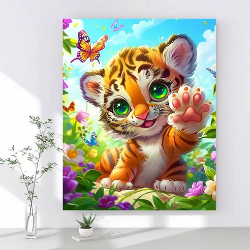 보석십자수 캔버스형 DIY 액자형 40x50cm 3D 대형 다이아몬드페인팅 그림 구슬십자수 행운 거실 인테리어 그림, 1개, 07 귀여운 호랑이