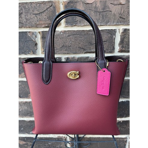 코치 컬러블록 가죽 윌로우 토트 24 크로스바디 체리 레드 멀티 C8561