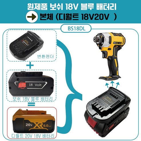 DAGUHAE 보쉬 디월트 밀워키 마끼다 18v 20v 배터리 변환 어댑터 아답터 변환젠더 타사 배터리 변환 사용, 보쉬배터리에서  디월트배터리 변환BS18DL, 1개, 본품