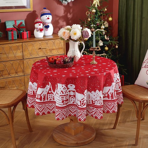 뷰라뷰 크리스마스 체크 테이블보 원형 식탁보, 120x120, 스노우