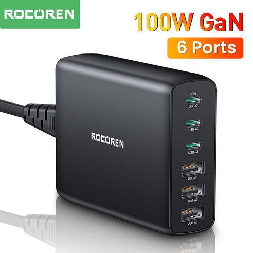 Rocoren 100W GaN 급속충전기 PD충전기 100W 급속충전기 휴대용 멀티충전기, Black, 1개