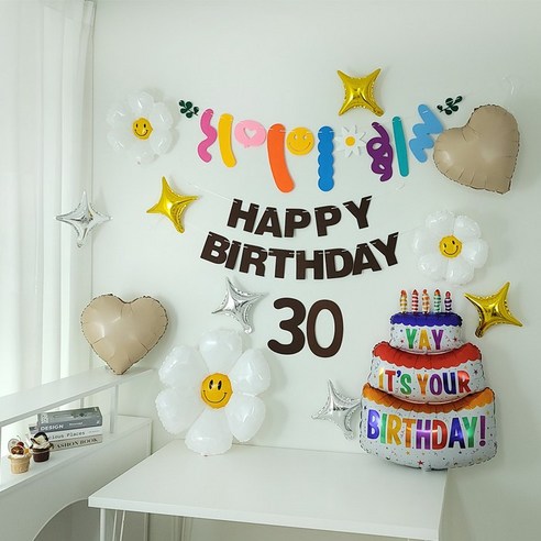 브라운가랜드 숫자펠트 데이지풍선 대형생일케익풍선 생일파티용품 세트, 1세트, 30번세트