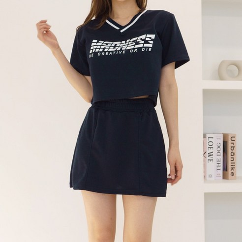 마드 레터링 브이넥 반팔 크롭티 스커트세트 트레이닝복 여름츄리닝