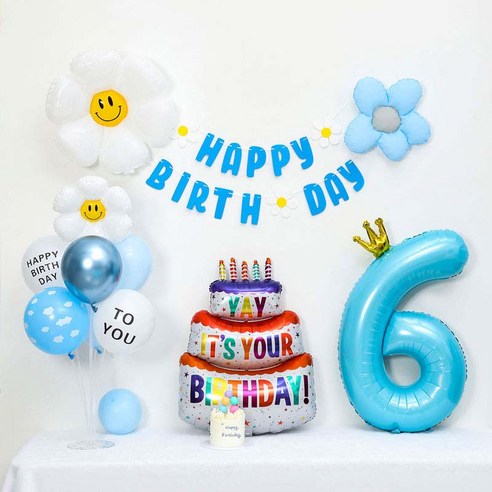 [피앤비유니티] 캐릭터무광데이지 생일케익풍선세트 스탠드형, 06-06)무광데이지생일풍선세트 6 블루, 1세트