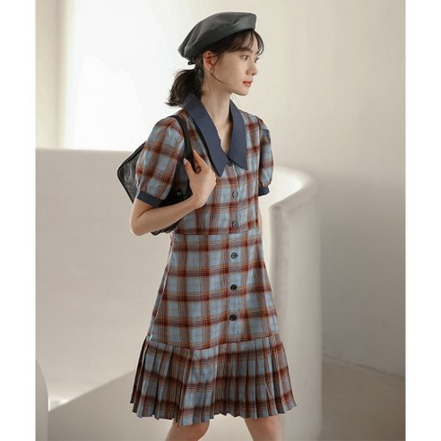 SU 새로운 격자 무늬 셔츠 드레스 여성 허리 꽉 슬리밍 디자인 감각 여름 프랑스어 소수 레트로