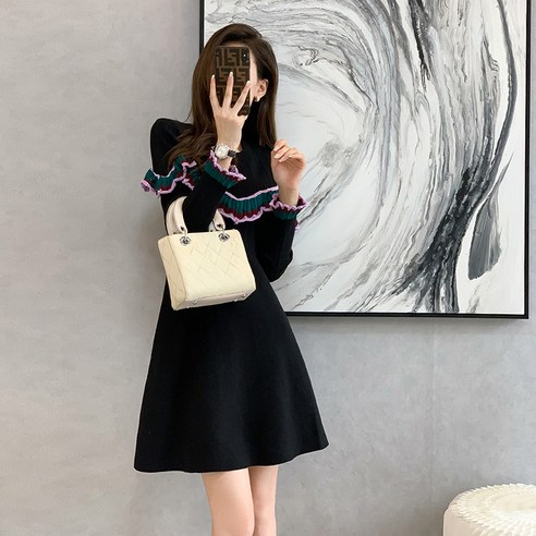 【TOW】국경 니트 드레스 가을 뜨거운 풀오버 긴 소매 허리 슬리밍 라인 기본 스웨터 드레스