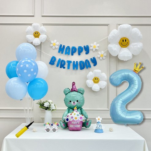 연지마켓 데이지 곰돌이 생일 파티 숫자 풍선 가랜드 세트, 2, 1세트, 베어 블루 2
