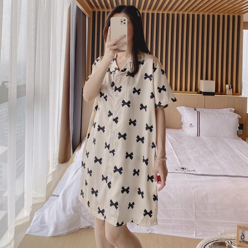 로리돌스 여성 잠옷 스킨 리본 오버핏 원피스 홈웨어 파자마