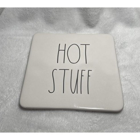 Rae Dunn HOT STUFF Ceramic Trivet Hot Plate White With Black Large Letters