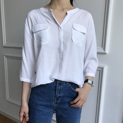 럭키제이 여성용 7부 차이나 투포켓 블라우스