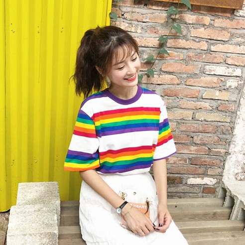 KORELAN !6535 면 무지개 스트라이프 티셔츠