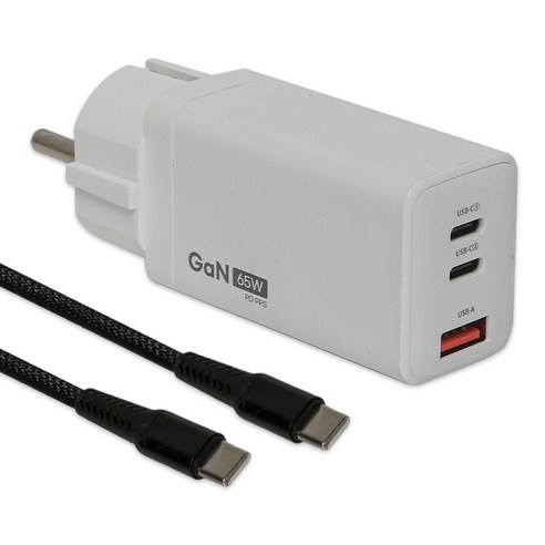 파워마스터 접지형 GaN 65W PD PPS 3포트 갤럭시 아이폰 초고속 충전기, 100W C to C 1.5m 케이블 포함, 1개, 화이트