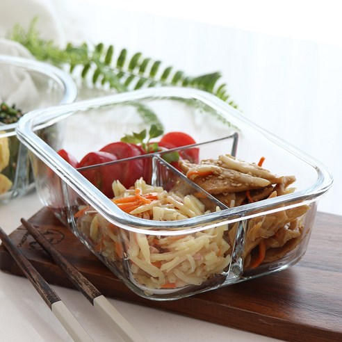 이고웰 3칸나눔 유리 밀폐용기 반찬통, 1개, 1040ml 사각