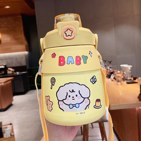 대배 보온컵 대용량 귀엽다 빨대 여사 고안치 물컵 900ml 휴대용, 노란색+랜덤 스티커