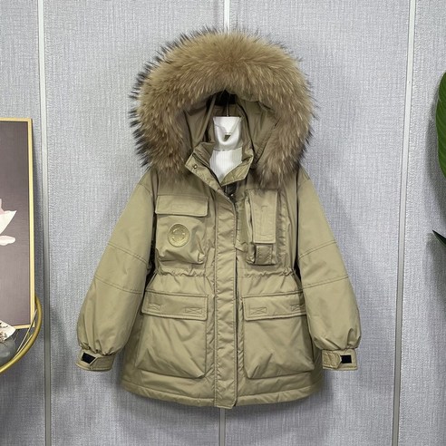 mxt여성 한국어 스타일 다운 자켓 리얼 모피 칼라 중간 길이 새로운 스타일 허리 꽉 도구 파커 두꺼운 겨울 따뜻한 코트