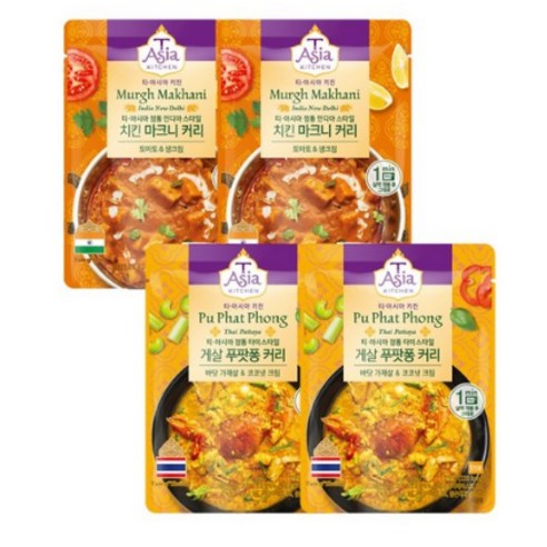 티아시아키친 치킨 마크니 커리 + 게살 푸팟퐁 커리 전자레인지용, 4개, 170g
