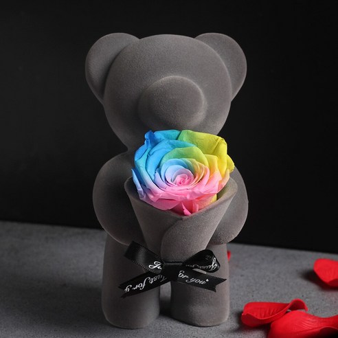 [LOVE MQ] 선물 상자 + 로즈 곰 아름다움과 야수 진짜 말린 꽃 영원한 로즈 크리스마스 장식 웨딩 장식 발렌타인 데이 선물, 하나, 멀티
