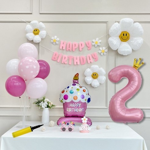 연지마켓 생일 파티 케이크 데이지 왕관 숫자 풍선 가랜드 세트, 1세트, 케이크 핑크A 2