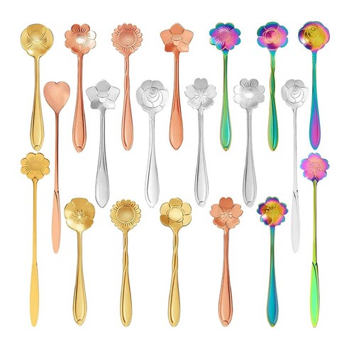 노 브랜드 20 Pcs 꽃 스푼 세트 스테인레스 스틸 스푼 커피 차 케이크 디저트 아이스크림(4.9그리고7 인치)을 위한 재사용 가능한 교반, 그림이 보여 주듯이