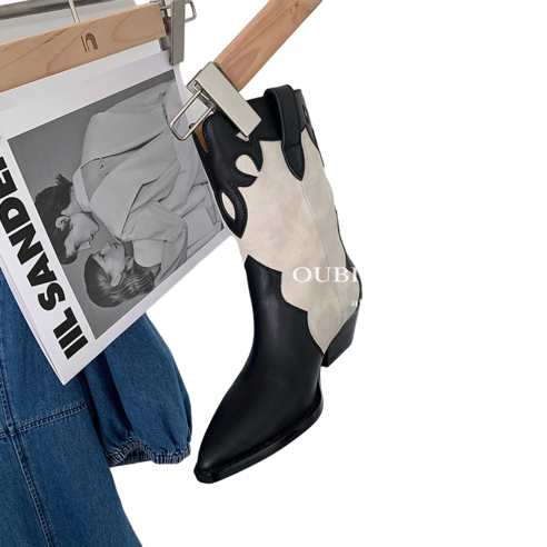 ANKRIC펌프스Axige 초가을 뾰족한 발가락 패션 부츠 레트로 카우보이 부츠 여성 아플리케 스웨이드 부츠 바람 두꺼운 짧은 튜브