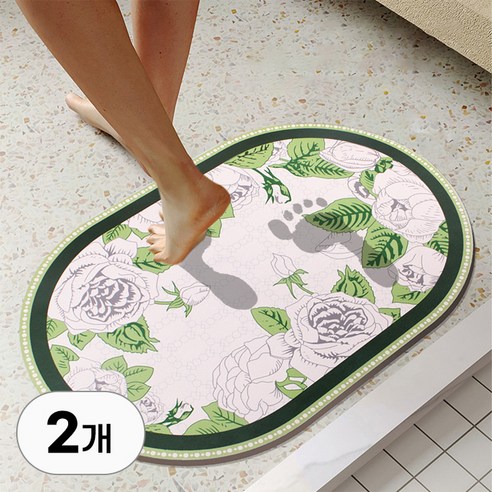 1+1 빨아쓰는 규조토 발매트 세트 플라워 패턴 폭신 물흡수 매트 인테리어 발판 받침 반원형 타원형 현관 욕실 주방 화장실 소품, 2개입, R99714A(타원형 플라워가든 B타입, 1세트