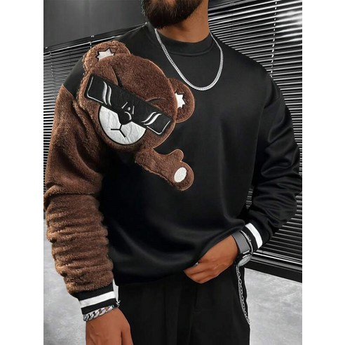 남성 곰 패턴 풀오버 맨투맨 티셔츠