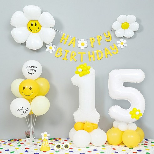 [피앤비유니티]데이지 두자리숫자기둥 가랜드 생일 풍선세트(모자 안경포함), 화이트 숫자대18