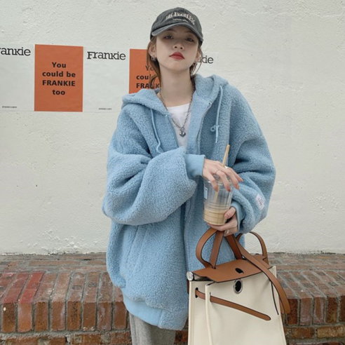 besteffie 여성용 양털 후드 집업 자켓 겨울 따뜻한 루즈핏 캐주얼 스타일 뽀글이 빅사이즈 데일리 여자 아우터 Q58