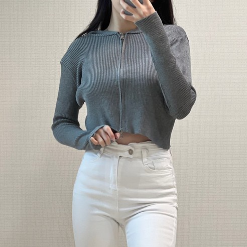 스키니어 투웨이 크롭 골지 후드집업 이중지퍼 가디건