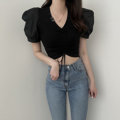 VANANA2 여성 러블리 퍼프 스트링 셔링 크롭 블라우스 반팔 티셔츠