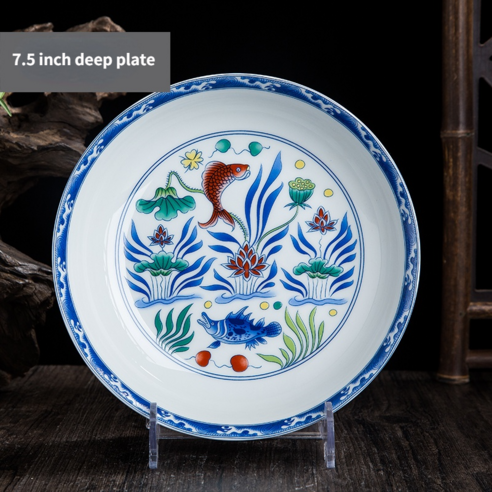Jingdezhen 세라믹 그릇 중국 물고기 패턴라면 그릇 빈티지 파란색과 흰색 도자기 장식 그릇과 접시, 색깔1