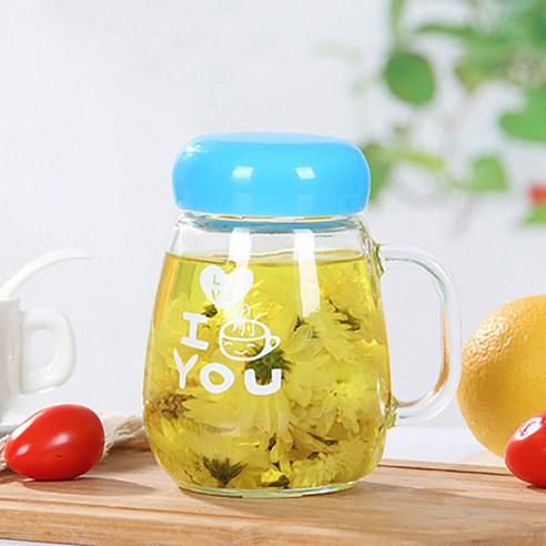 [손해 보상] 유리 컵 사무실 향기로운 차 컵 남성과 여성의 가정용 차 컵 380Ml 물 컵, 블루 싱글 [차 누출]_컵 + 러브 스푼
