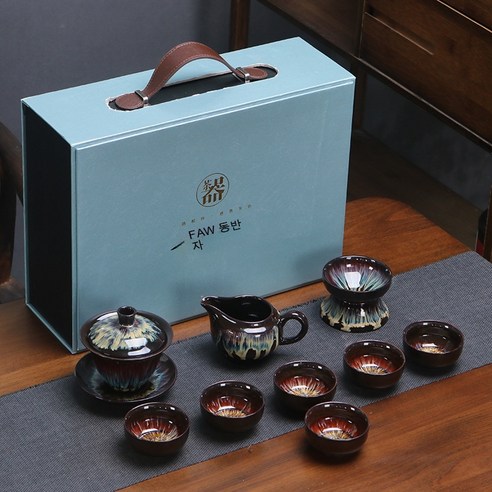 Jianzhan 세라믹 쿵푸 차 세트 상업용 찻주전자 찻잔 세트는 를 지원합니다., 커버볼 + 원형컵 + 파란색 선물상자