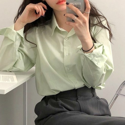 여성 데일리 루즈핏 솔리드 긴팔 셔츠