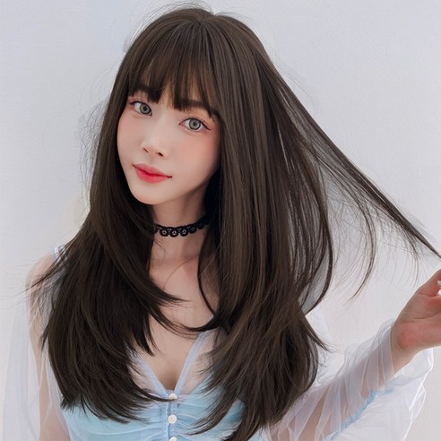하이유니 레이어드 C컬 펌 롱 헤어 통가발 가발 65cm + 가발망 + 거치대 세트, 챠콜블랙