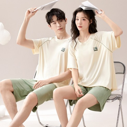 패스타임 여름 여성 파자마 홈웨어 커플 캐주얼 반팔 반바지 세트 얇은 남성 SE1318-1319