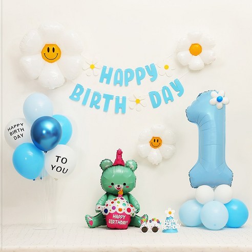 [피앤비유니티] 데이지곰돌이 가랜드형 생일풍선세트, 06-1)데이지곰돌이 가랜드형-블루 숫자1, 1세트