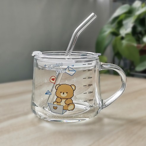 유리컵 빨대 우유 아침컵 귀엽다 만화 눈금 컵 덮개 숟가락 선물 글씨, 301-400ml, 380ml 컴퓨팅 곰 + Ps 덮개 + 빨대