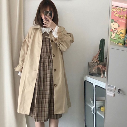 트렌치코트 여성 롱 봄 가을 루즈핏 레이스 소매 학원 스타일 코트