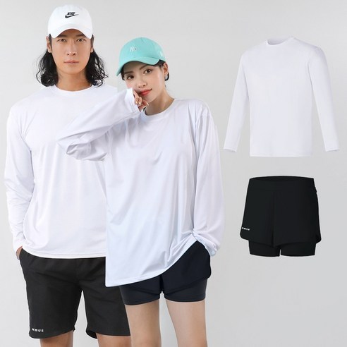 남여공용 래쉬가드 2종 세트 오버핏 긴팔 상의 + 보드숏 하의 반바지 레깅스 투인원
