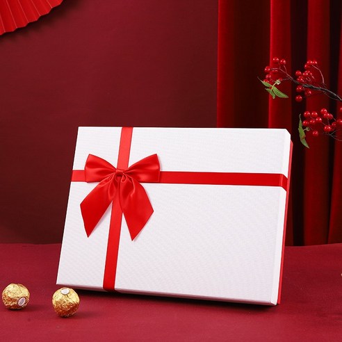 KORELAN 선물 박스 심플한 빨간색 포장 박스 빈 박스 경사 동반자 선물 박스 답례 선물 박스, 미디엄 30*23*6, 화이트 덮개 레드 베이스 선물케이스+레드 리본