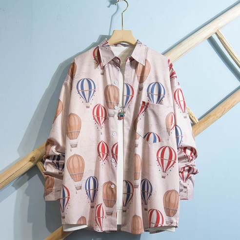KORELAN 국조 취미 풍선 프린트 셔츠 남성 트렌드 길거리 루즈한 원숙풍 캐주얼 커플 코트