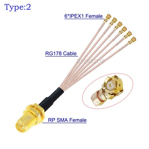 RG-178 RP-SMA SMA 암-6 x IPX IPEX1 암 잭 커넥터 스플리터 RG178 케이블 와이파이 안테나 확장 점퍼 피그테일, 02 RPSMA F to 6 IPEX1_01 15CM, 1개