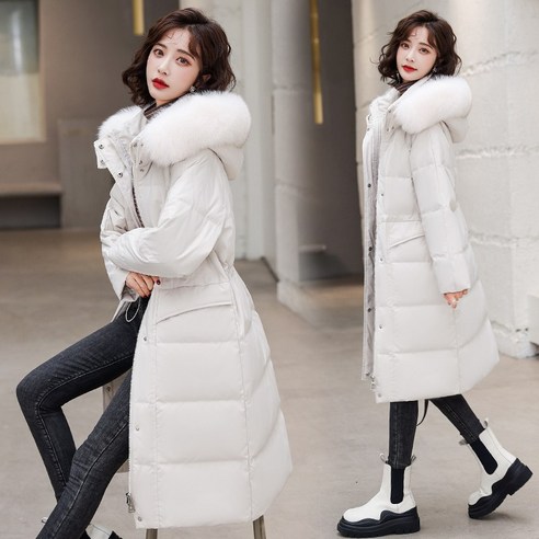 화이트 오리 겨울 스타일 자켓 여성 흑백 단색 중반 길이 후드 대형 모피 칼라