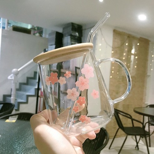 DFMEI 일본식 사쿠라 내고온 대용량 유리띠뚜껑 빨대 여학생 가정용 아침 우유컵 손잡이, DFMEI 벚꽃 D모델 ''대나무 덮개+빨대 장착''