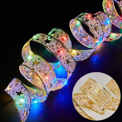 슬림소녀 할로윈 크리스마스 인테리어장식 리본 가랜드전구 LED줄조명 파티용품, 3.8cm 골드리본-컬러빛, 5m 50구, 1개