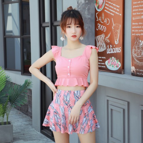 KORELAN 여성분체 보수 평각 학생 비키니 배가리개 온천 수영복, 핑크, {"사이즈":"M(80근-95근)"}