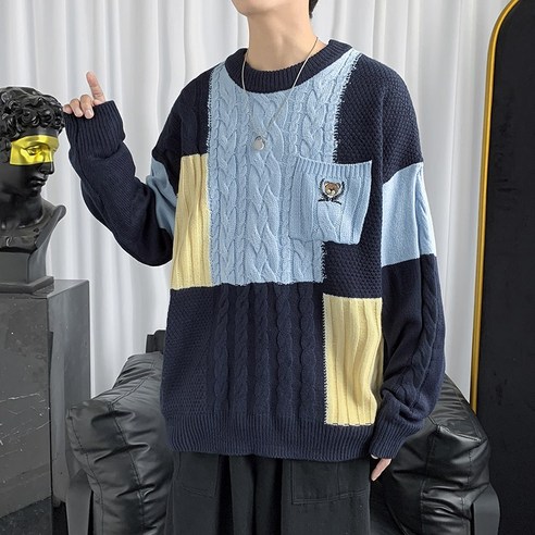 DFMEI 대학 스타일 대비 색 스웨터 남성 가을 겨울 느슨한 두꺼운 스웨터 한국 스타일 유행 캐주얼 모든 경기 커플 스웨터